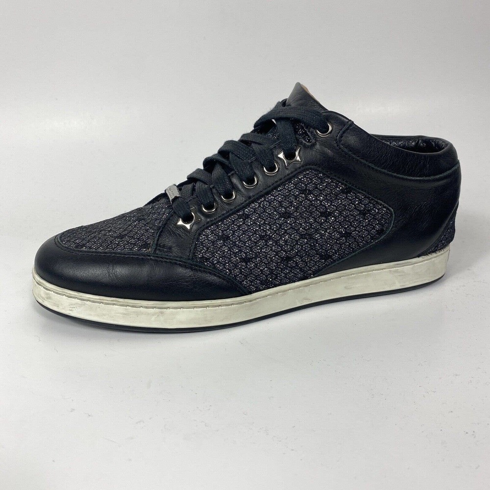 Jimmy Choo Miami Black Low Top Glitter Sneaker Size 37 US 7 Black Leather Lace